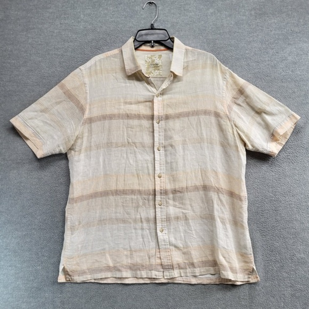 Tasso Elba Island Men Button Up Shirt Large Beige Striped Linen Blend Y2K